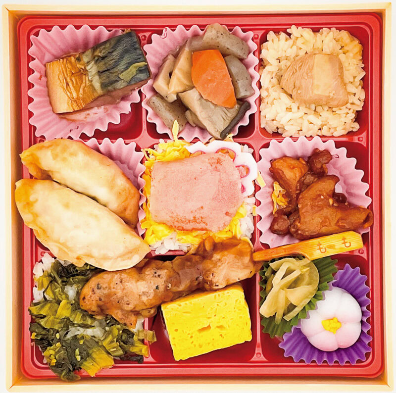 「博多ぷらぷら博多弁」 駅弁ではあまり見かけないような博多屋台をイメージした弁当。餃子、もつ、かしわめし、辛子明太子、ハリハリ漬けなど地域にちなんだ食材が9マスに少しずつ詰め込まれている