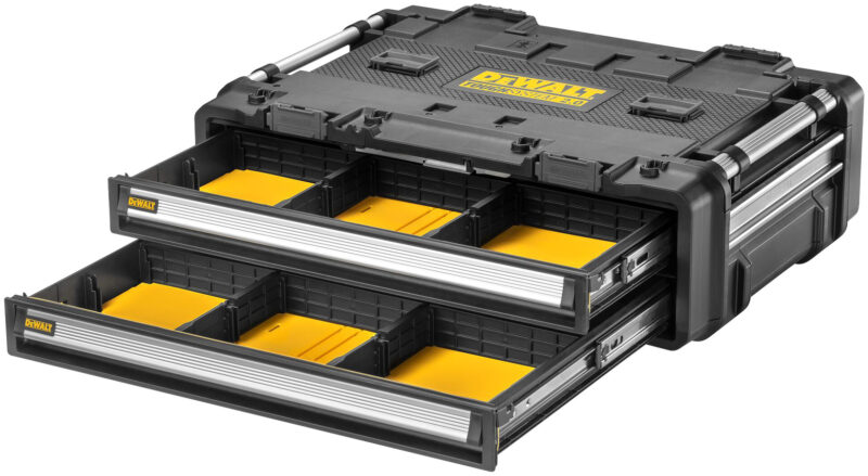 「TOUGHSYSTEM2.0 DXL 浅型2段チェスト」は使いやすい2段構成のチェストで容量42.8L、最⼤積載25Kgで電動ツールなども収納可能